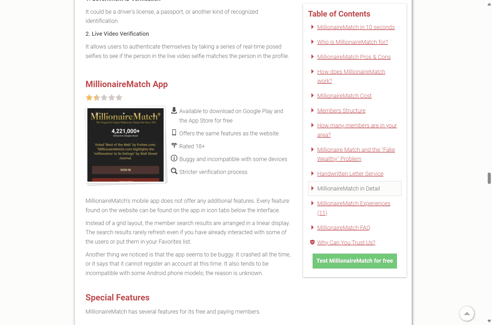 DatingScout evaluation showing mobile application platform details and independent review metrics for MillionaireMatch.