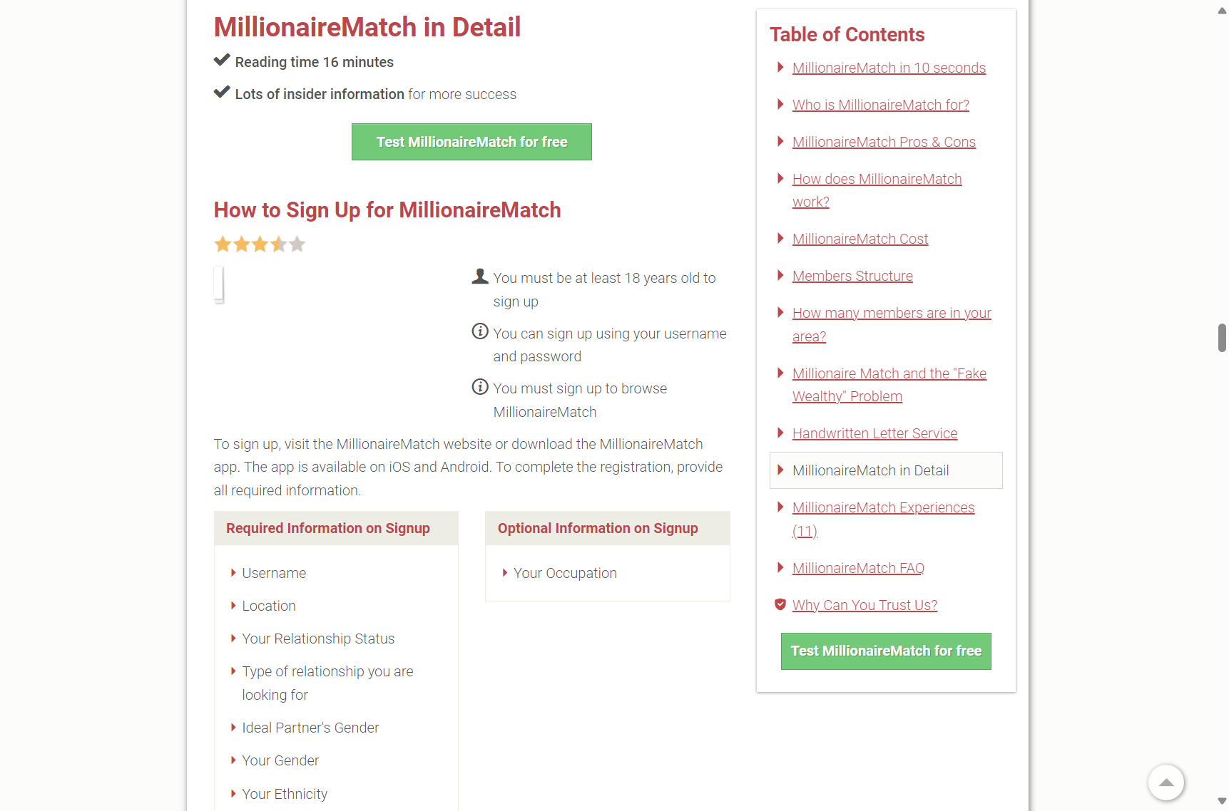 MillionaireMatch registration screen showing the initial profile creation steps and basic user input fields